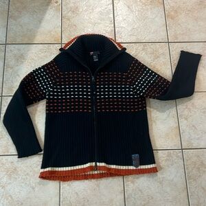 Diesel 100% Wool Full‎ Zip Sweater Black Cream Orange, Large